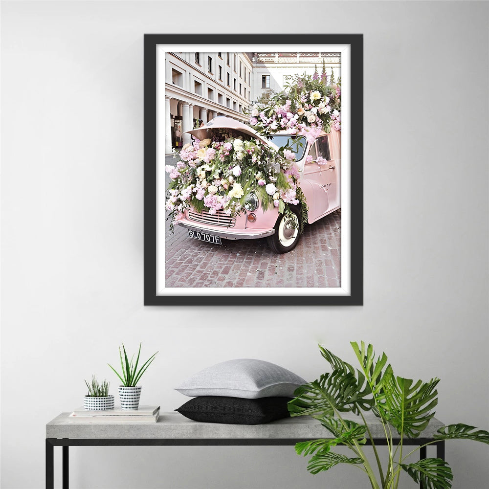 Peinture diamant voiture rose pleine de fleurs