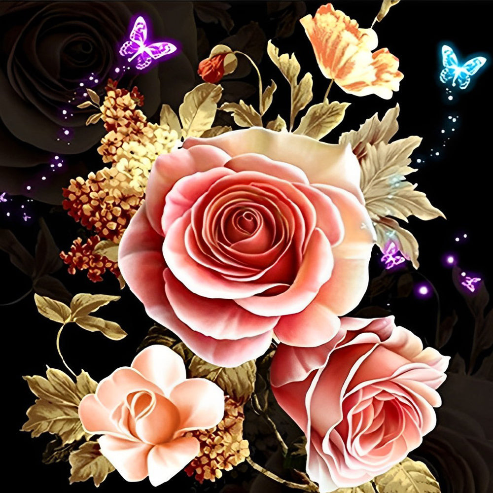 Rosa Rosen, goldene Bl?tter und Schmetterlinge Diamond Painting
