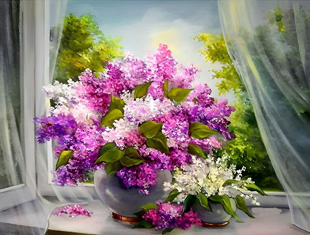 Flieder T¨¹ll Fensterbank Diamond Painting