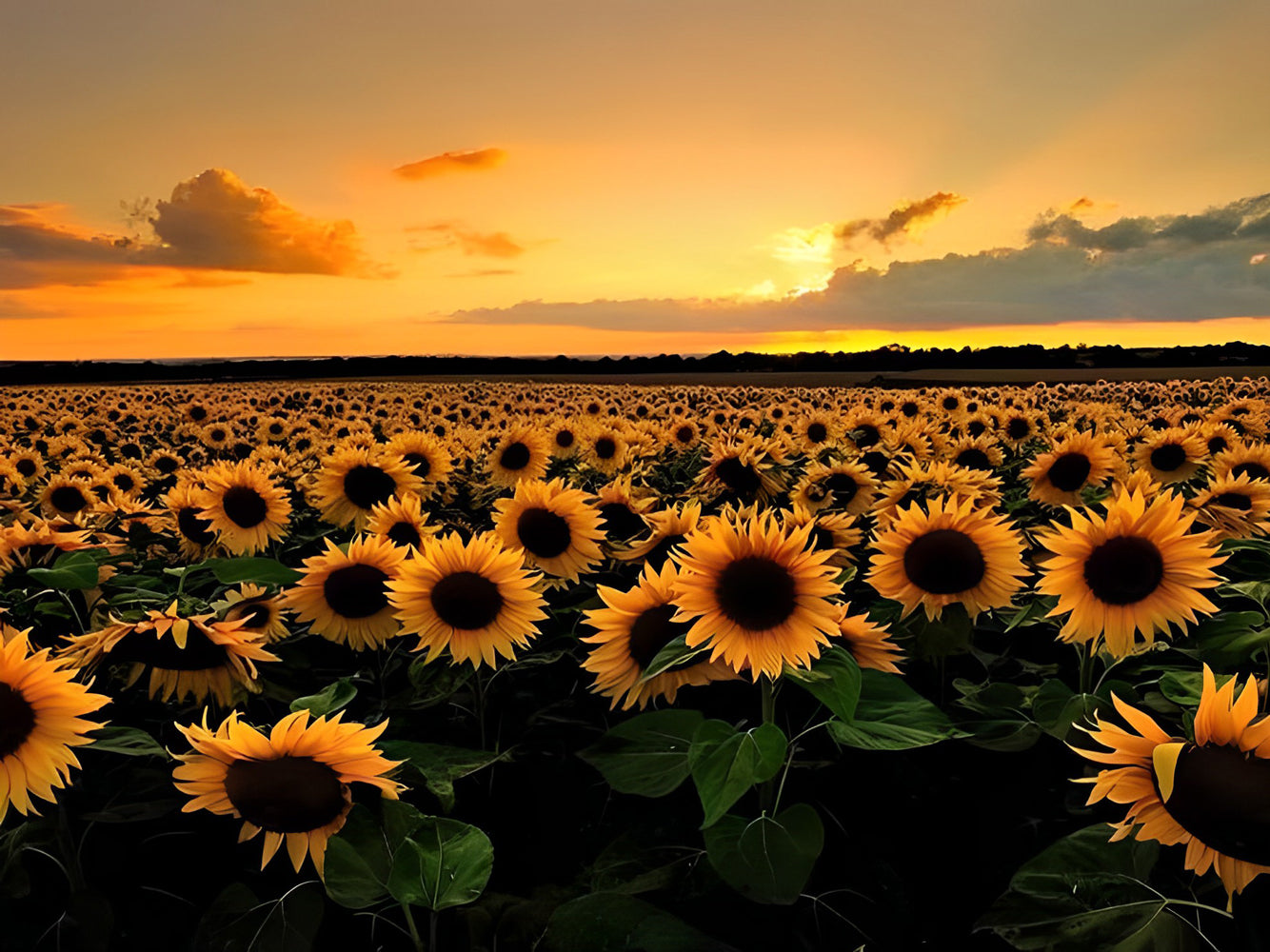 Peinture au diamant au coucher du soleil sur le champ de tournesol
