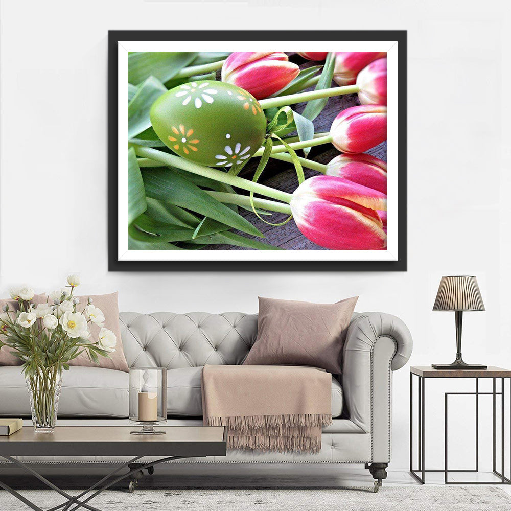 Gr¨¹nes Osterei und rosa Tulpen Diamond Painting