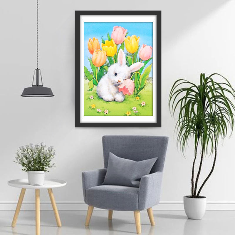 Wei?er Hase und Tulpen Diamond Painting