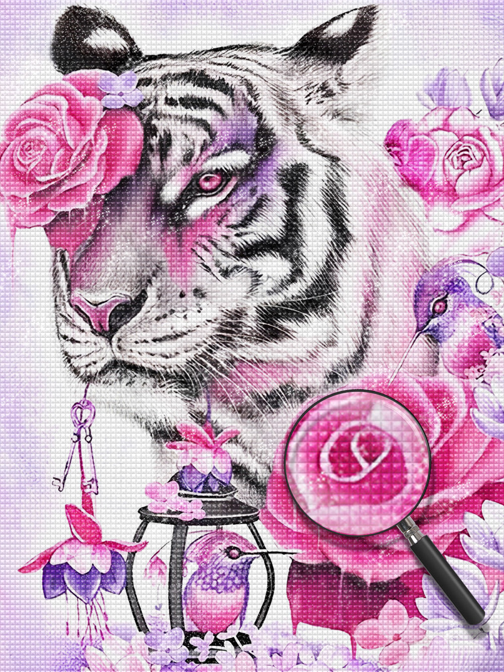 Tiger, Rosen und V?gel Diamond Painting