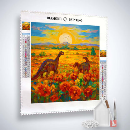 AB Diamond Painting - Dinosaures sur un champ de fleurs