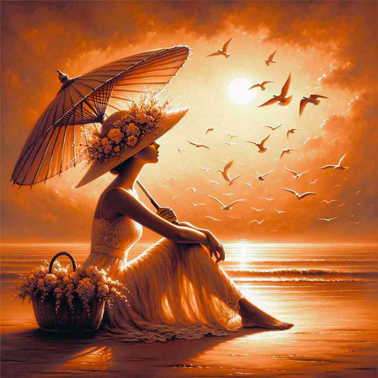 Baoea - Frau am Strand mit Sonnenschirm und Hut