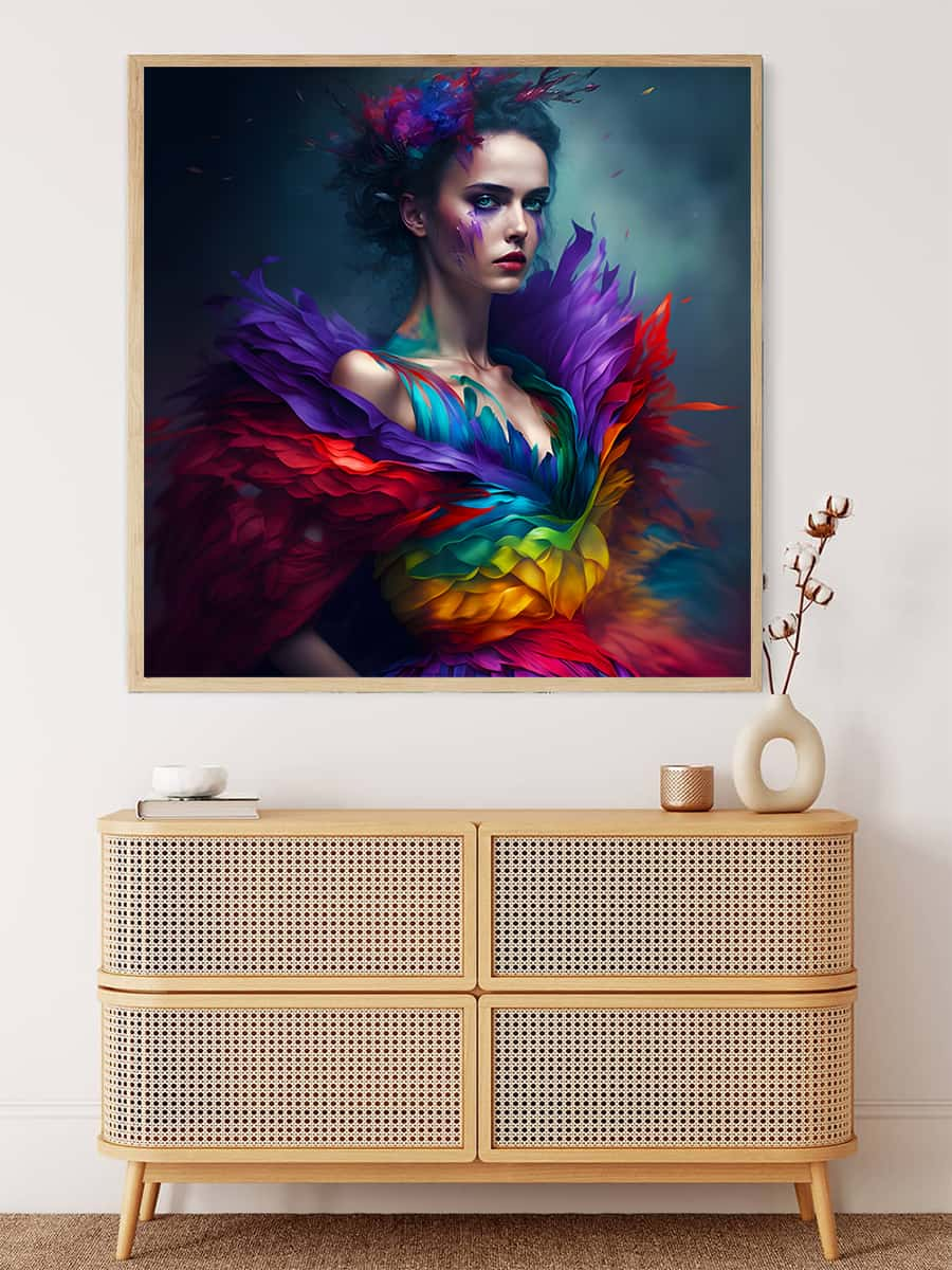 AB Diamond Painting - Frau mit Regenbogenkleid am Abend