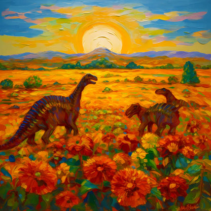 AB Diamond Painting - Dinosaures sur un champ de fleurs