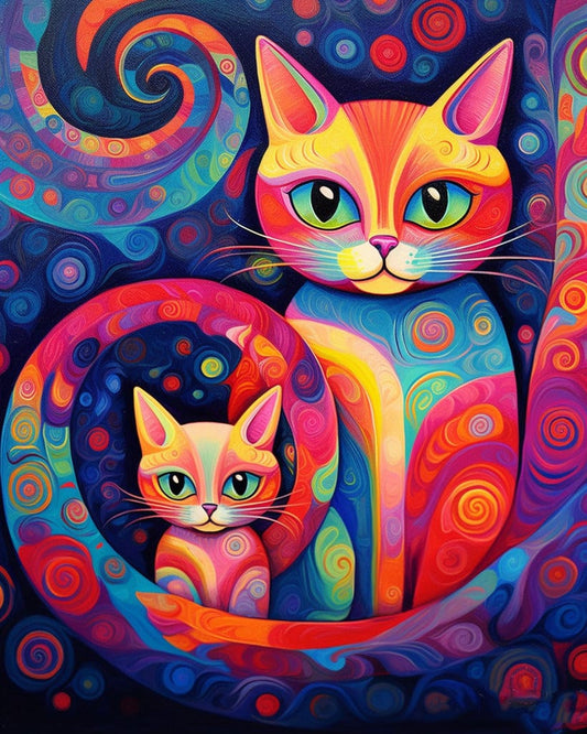 Cat couple in love in a colorful dreamland