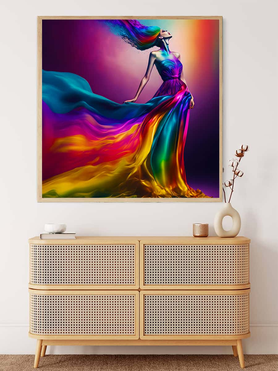 AB Diamond Painting - Frau mit Regenbogenkleid im Licht