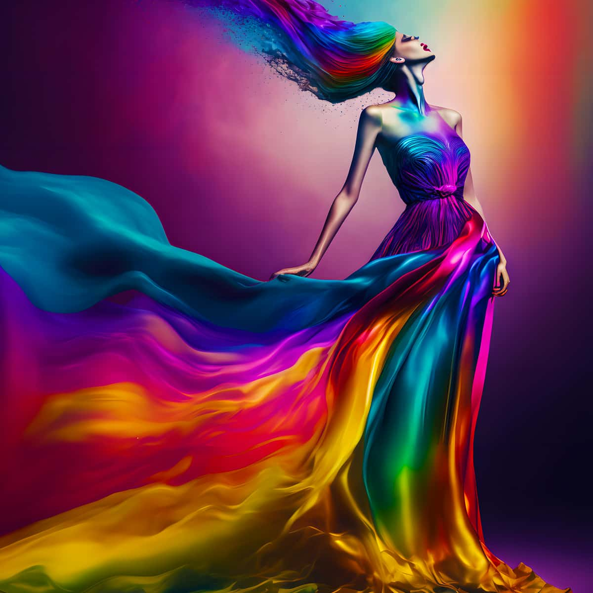 AB Diamond Painting - Frau mit Regenbogenkleid im Licht