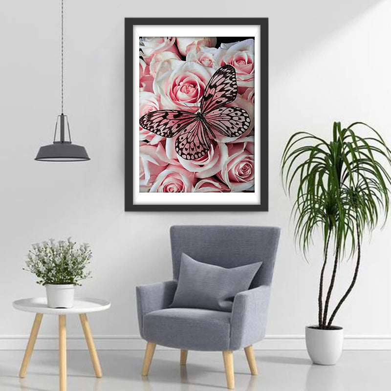 Pink roses and butterfly diamond painting