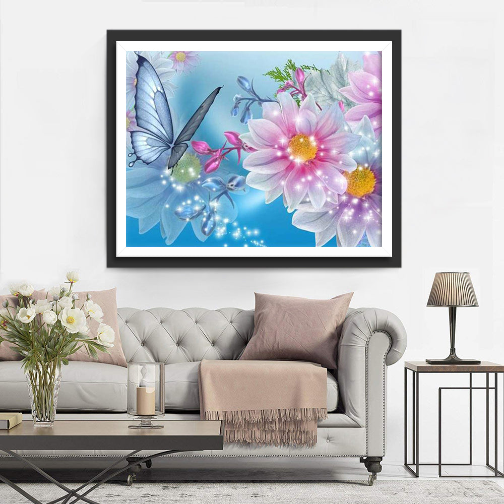 Peinture diamant papillon bleu et fleurs roses