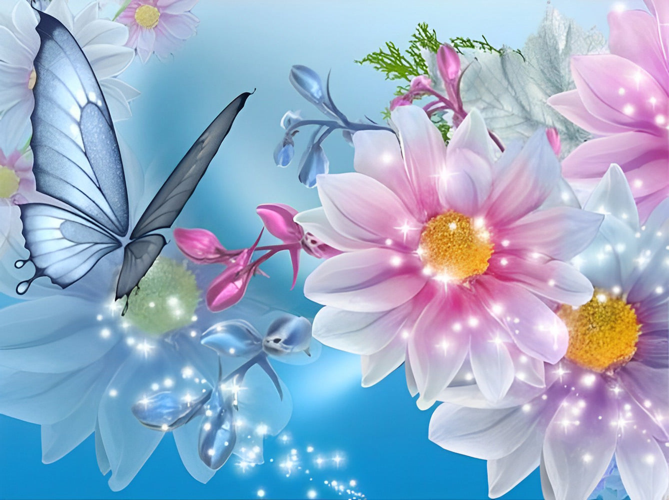 Peinture diamant papillon bleu et fleurs roses