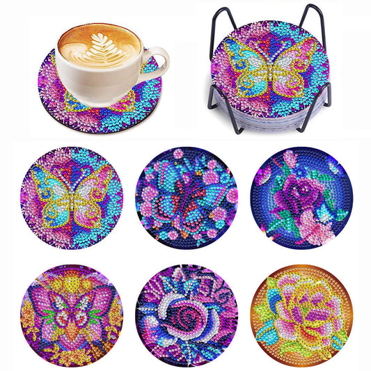 Butterfly and Flower Diamond Painting Coasters 6Pcs