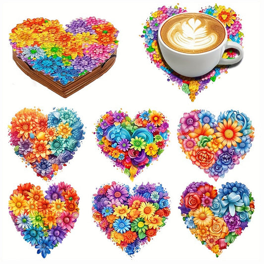 Colorful Flowers in Heart Shape Diamond Painting Coasters 6Pcs