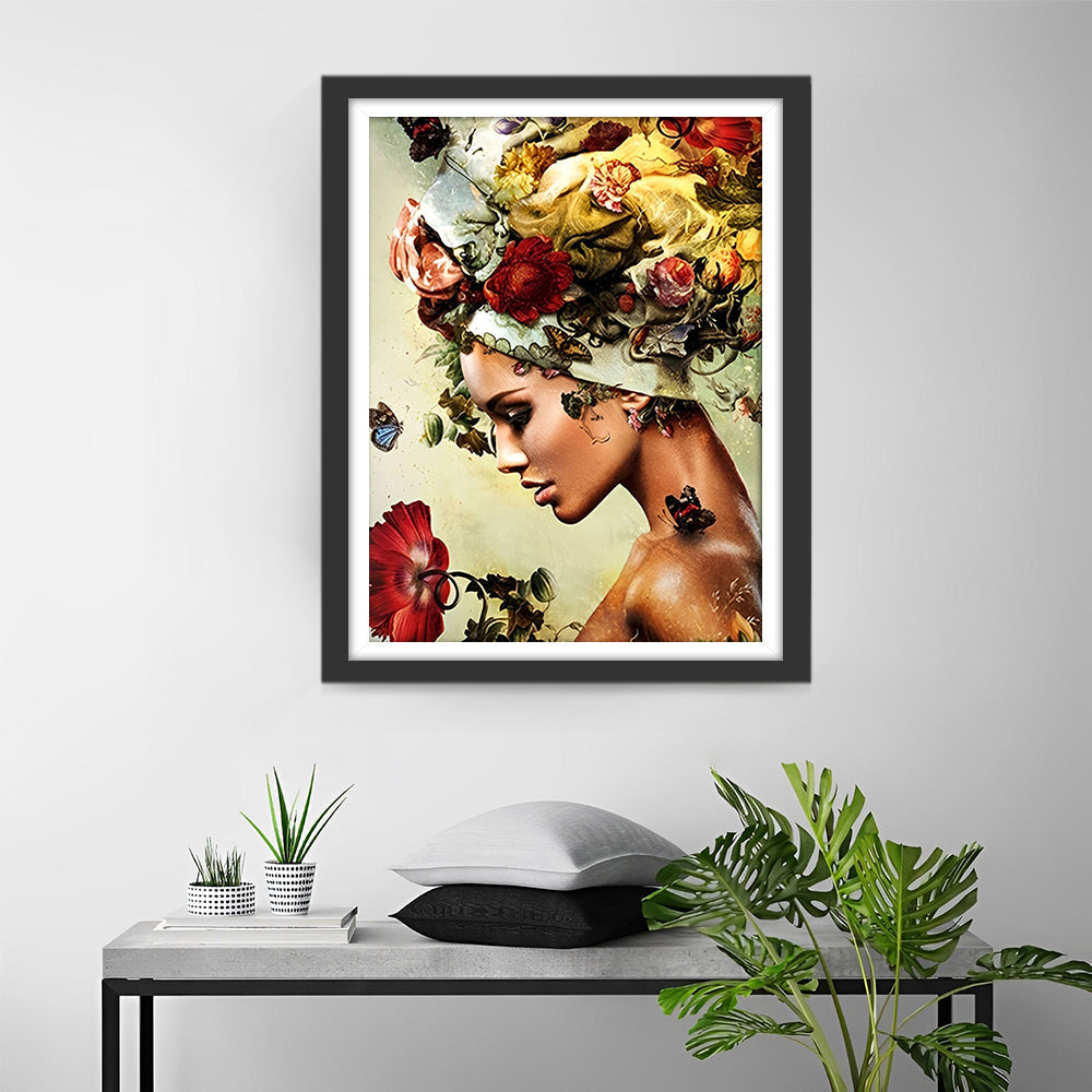 Femme au chapeau plein de roses diamant peinture