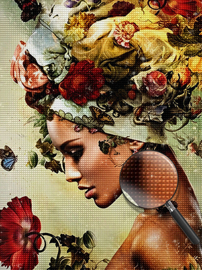 Femme au chapeau plein de roses diamant peinture