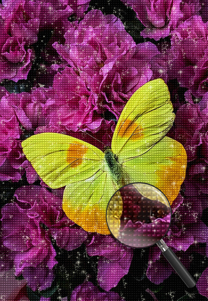 Rosa Pfingstrosen und gelber Schmetterling Diamond Painting