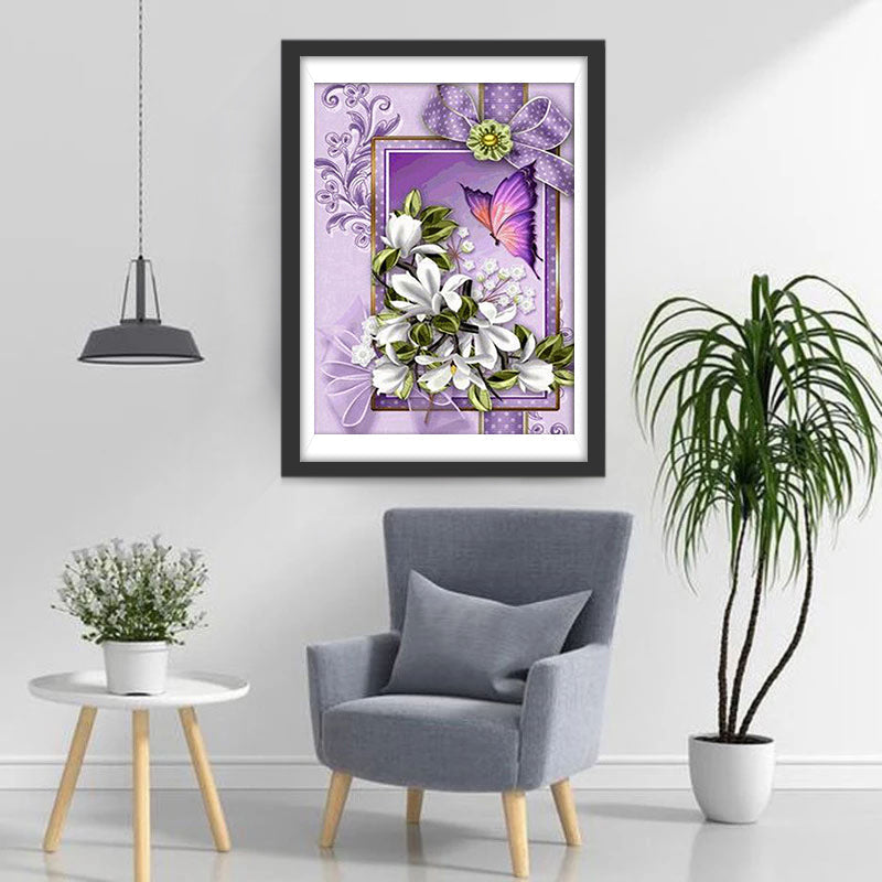 White flowers and purple butterfly diamond painting