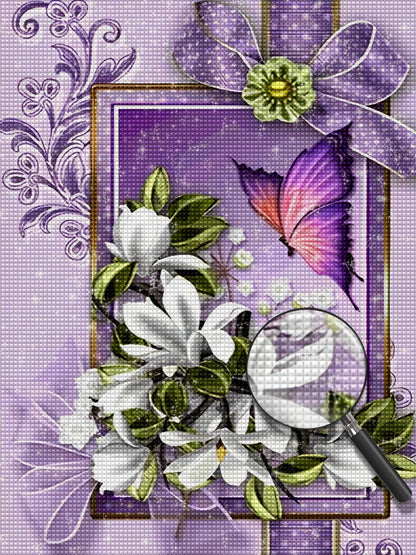 White flowers and purple butterfly diamond painting