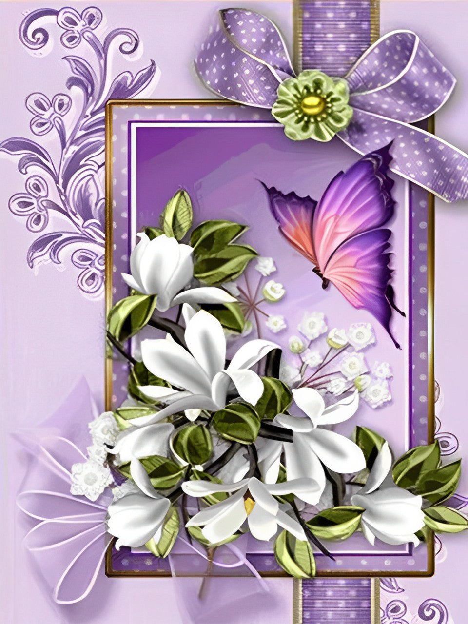 White flowers and purple butterfly diamond painting