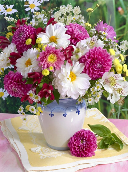 Chrysanthèmes dans la peinture au diamant de la bouteille blanche