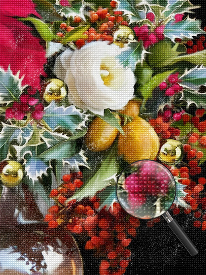 White flower and red berries diamond painting