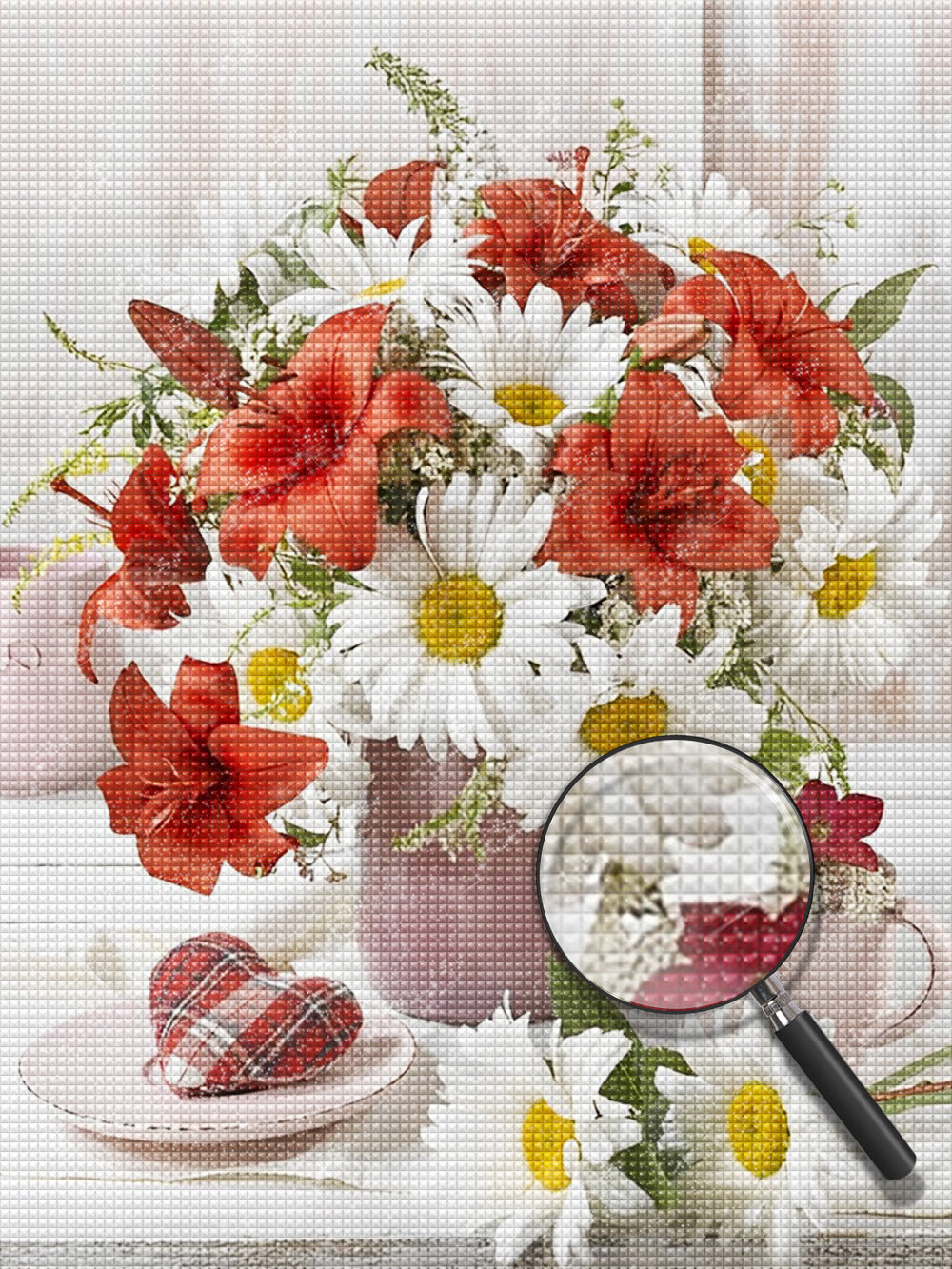 Red Lilies and White Daisies Diamond Painting