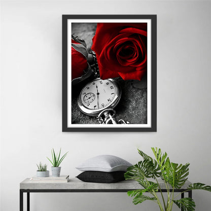 Rote Rosen und Uhr Diamond Painting