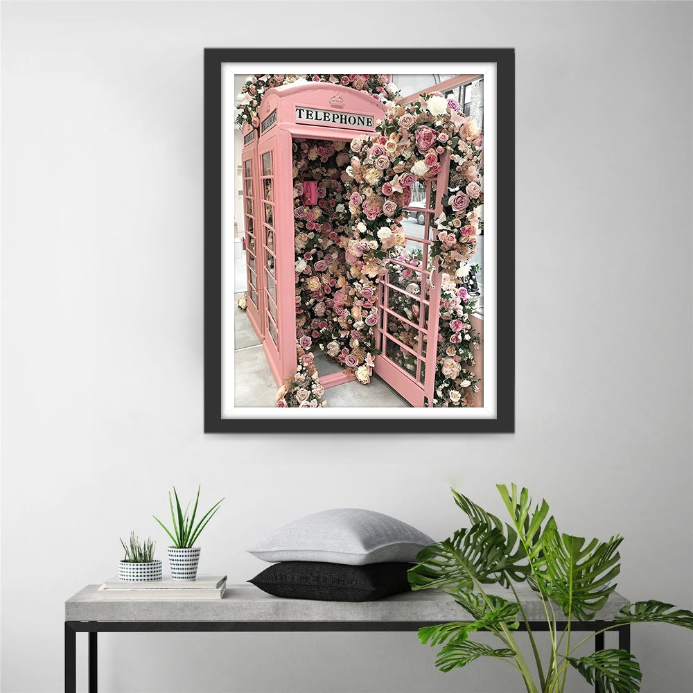 Pink Telephone Booth and Flowers Diamond Painting