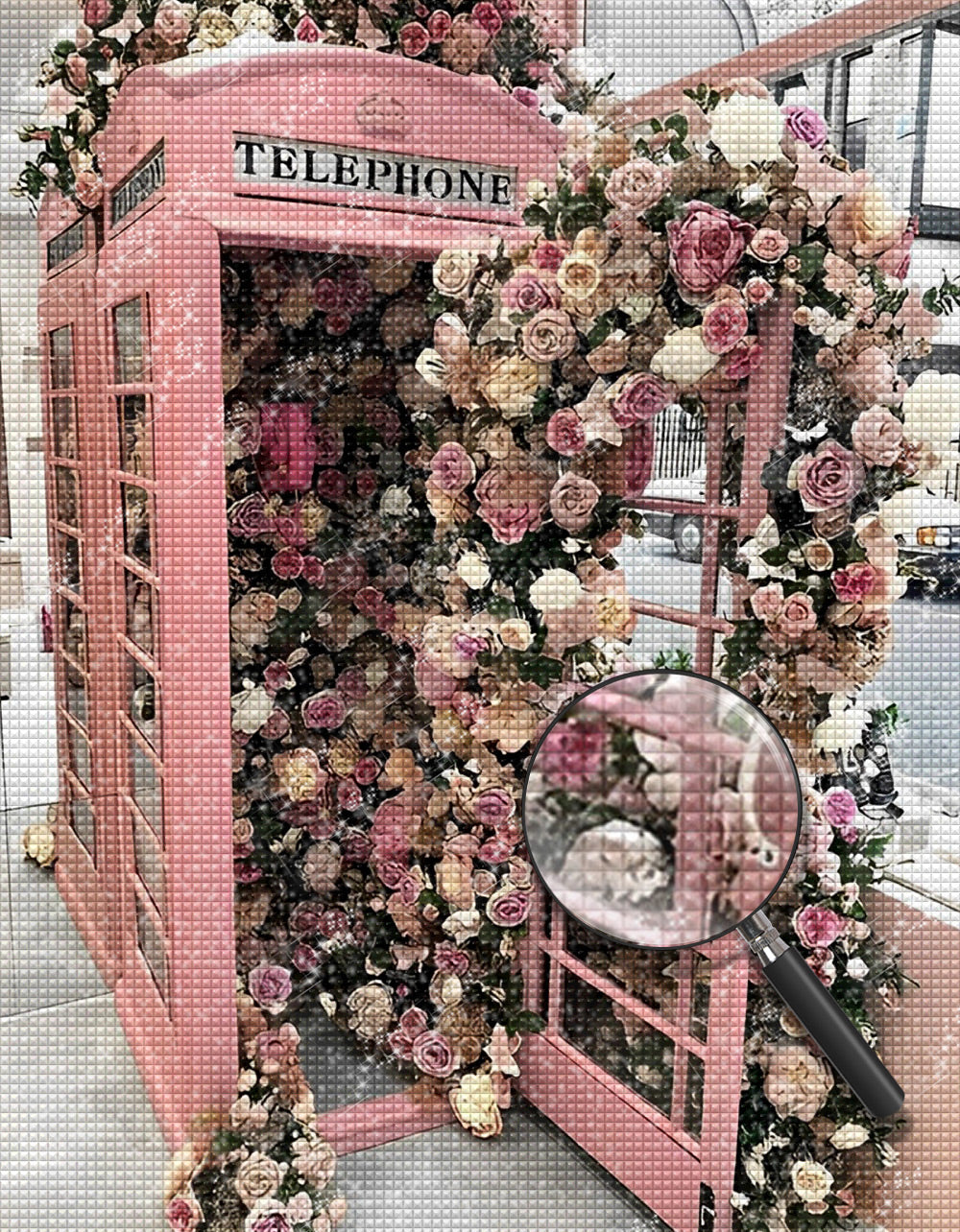 Pink Telephone Booth and Flowers Diamond Painting