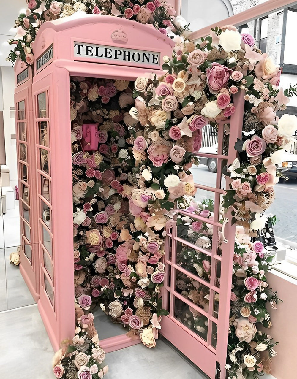 Pink Telephone Booth and Flowers Diamond Painting