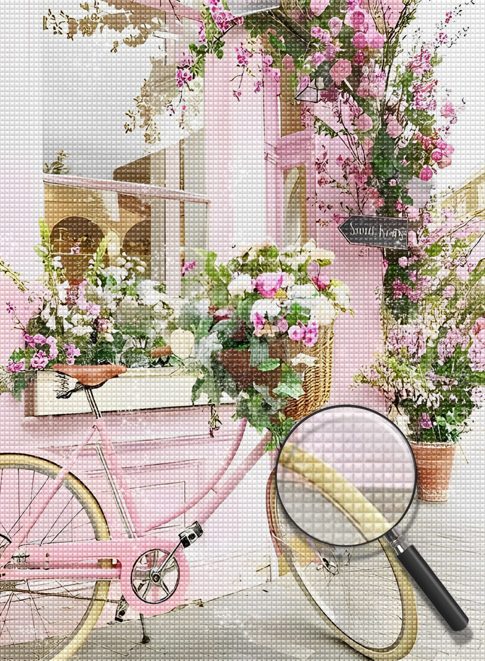 Rosa Fahrrad und Blumen Diamond Painting