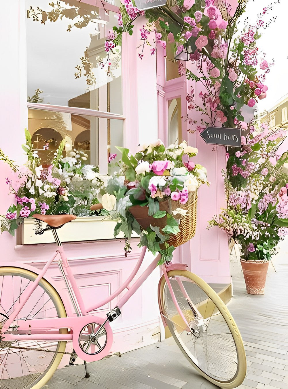 Rosa Fahrrad und Blumen Diamond Painting