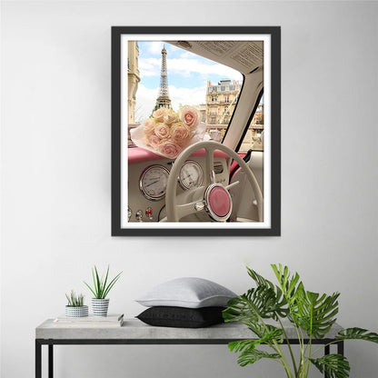 Car, Flowers and Eiffel Tower Diamond Painting