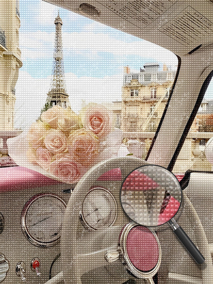 Car, Flowers and Eiffel Tower Diamond Painting