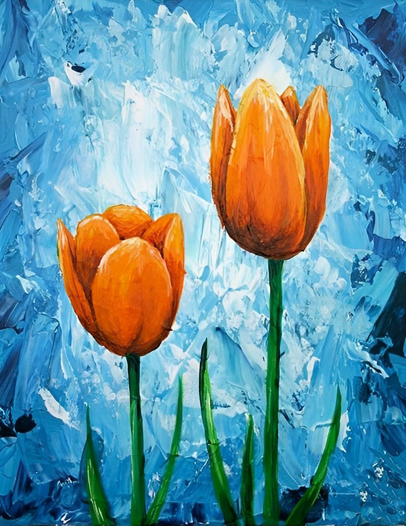 Orange Tulpen und blauer Hintergrund Diamond Painting