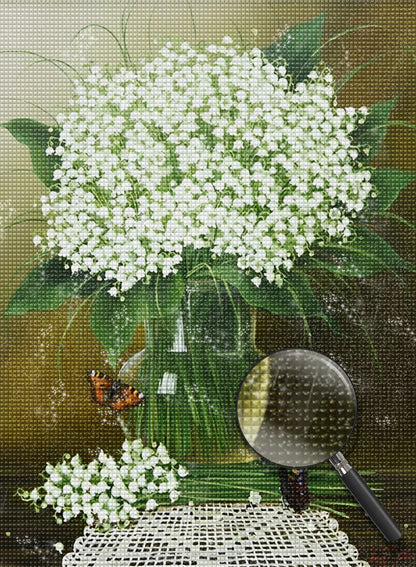 Kleine wei?e Blumen in der Glasflasche Diamond Painting