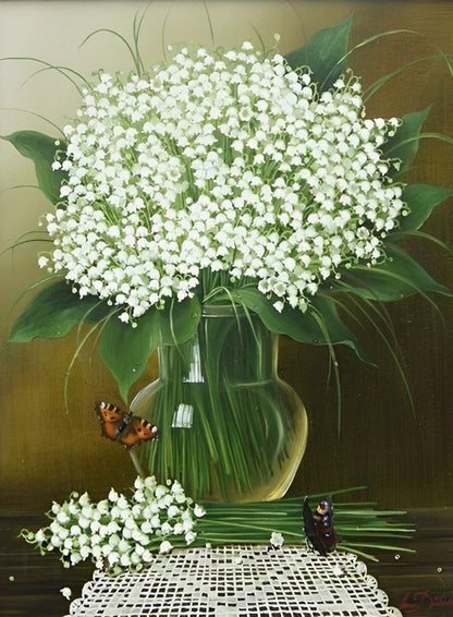 Kleine wei?e Blumen in der Glasflasche Diamond Painting