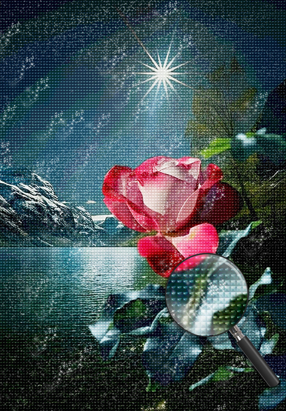 Red Rose on the Beach at Night Diamond Painting