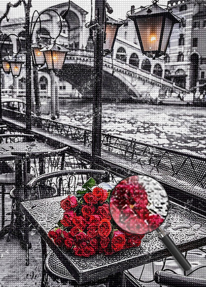 Peinture au diamant de roses rouges dans la rue