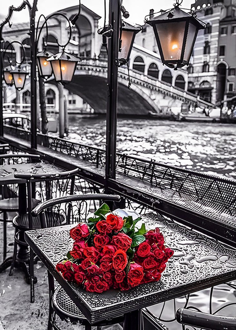 Peinture au diamant de roses rouges dans la rue