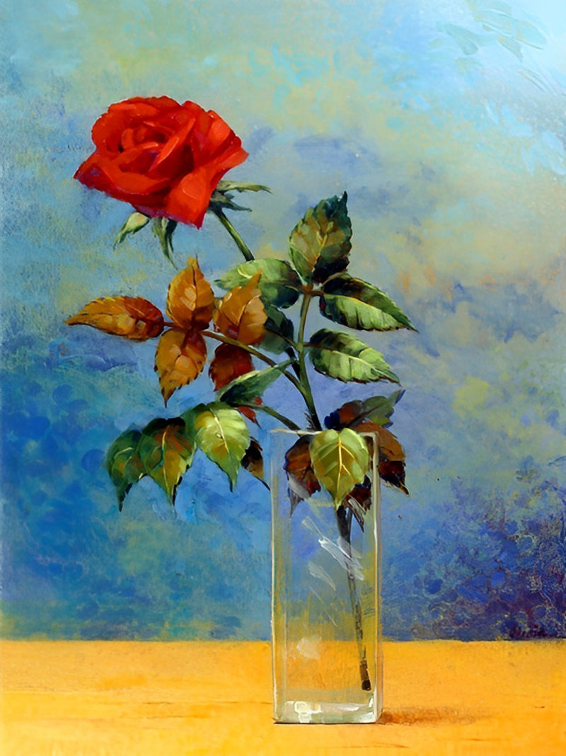 Red rose with green leaves diamond painting