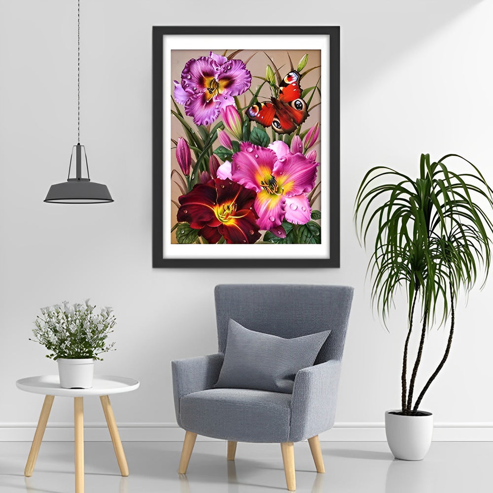 Roter Schmetterling und Blumen Diamond Painting