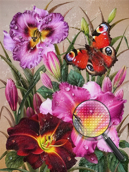 Roter Schmetterling und Blumen Diamond Painting