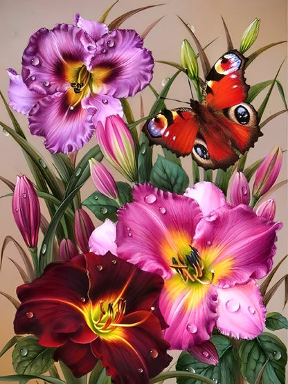 Roter Schmetterling und Blumen Diamond Painting