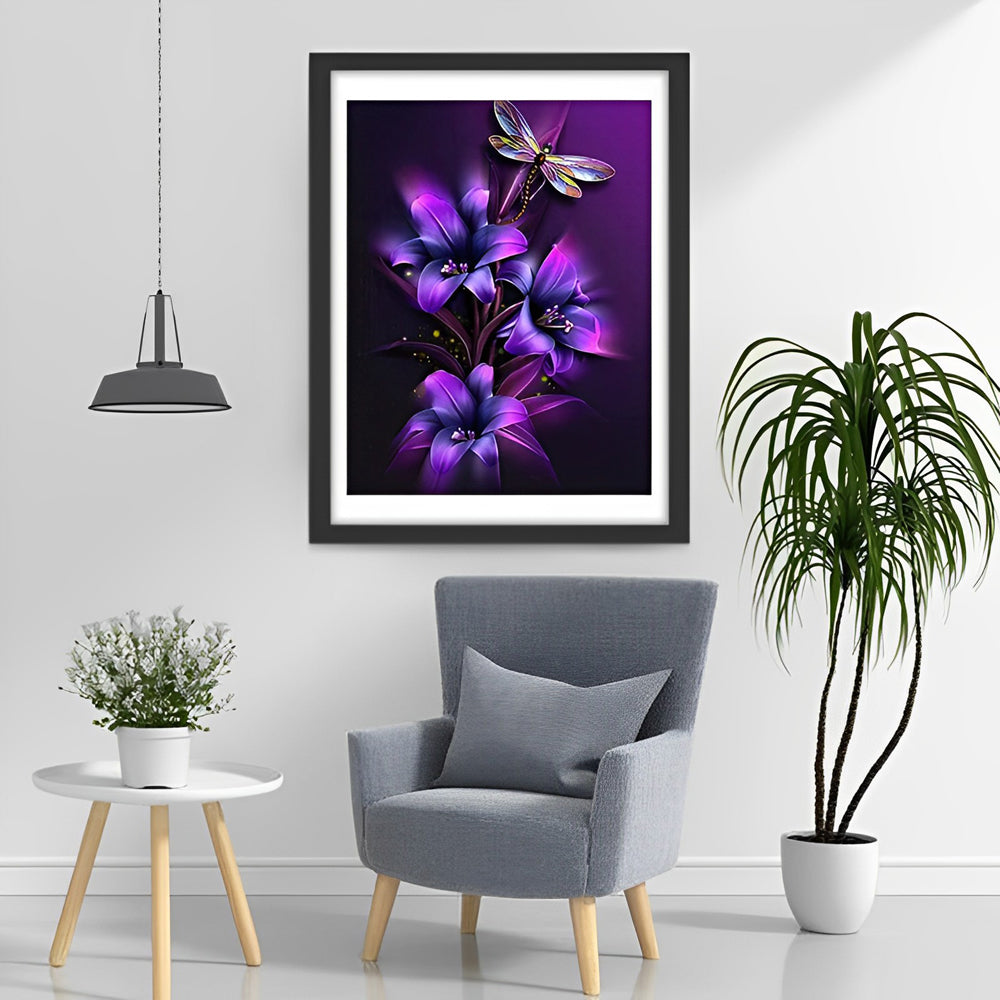 Lila Blumen und Libelle Diamond Painting