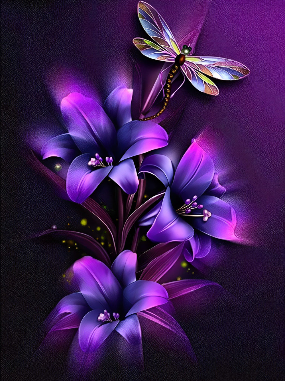 Purple Flowers and Dragonfly Diamond Painting