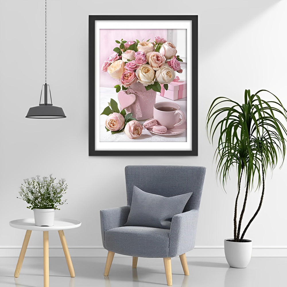 Bouquet rose de fleurs, café et peinture diamant cadeau