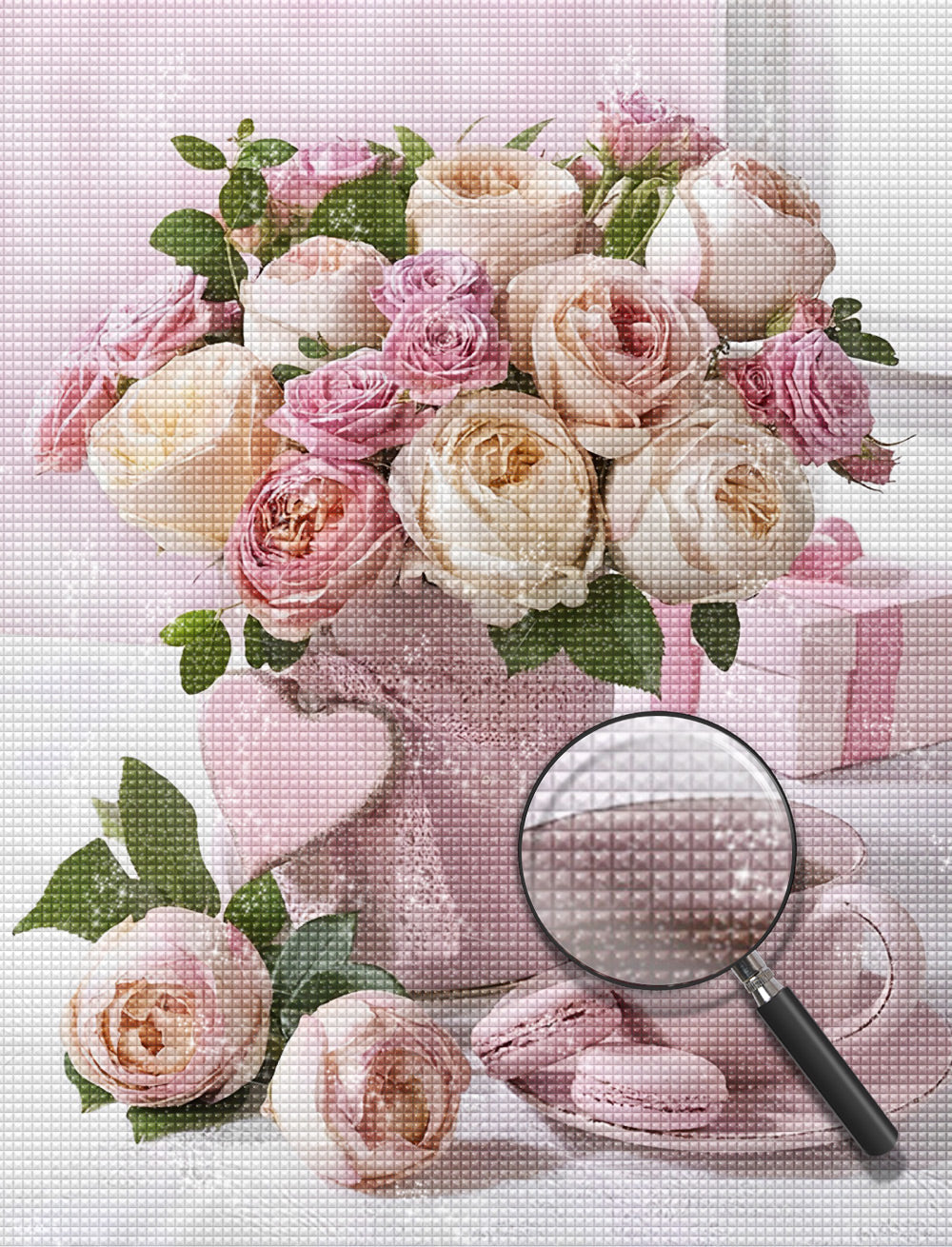 Bouquet rose de fleurs, café et peinture diamant cadeau